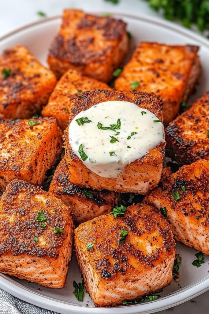 Crispy Air Fryer Salmon Bites with Creamy Garlic Sauce