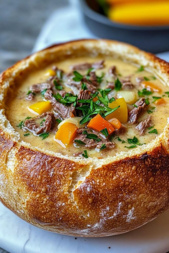 Philly Cheese Steak Soup in a Bread Bowl